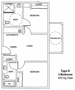 Architectural floor plan of a Type D two-bedroom apartment with 475 square feet, showing two bedrooms, two bathrooms (one with a shower and one with a tub), a kitchenette, dining area, living room, closets, and a patio/balcony.
