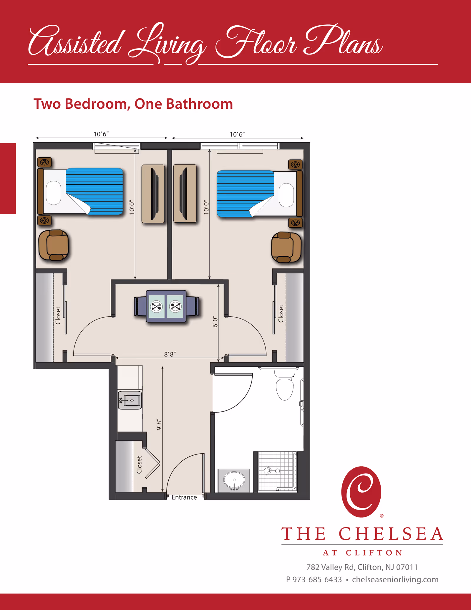 Illustrated two-bedroom, one-bathroom assisted living floor plan showing two beds, closets, a shared living/dining area, bathroom, and entrance.