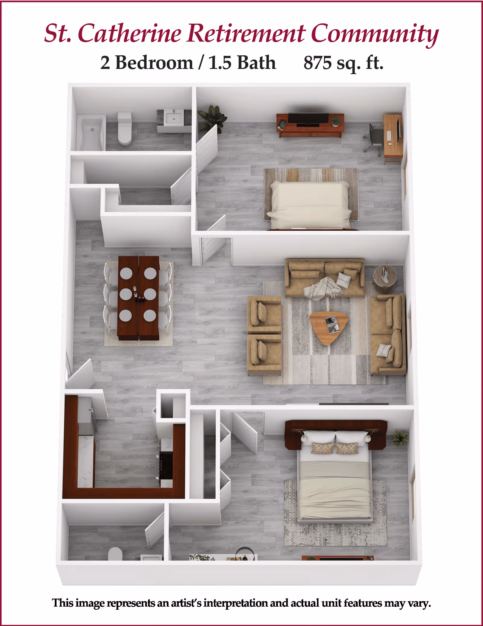 3D floor plan of a 2 bedroom, 1.5 bathroom apartment at St. Catherine Retirement Community, showing an 875 square feet layout with a living room, dining area, kitchen, two bedrooms, and one and a half bathrooms.