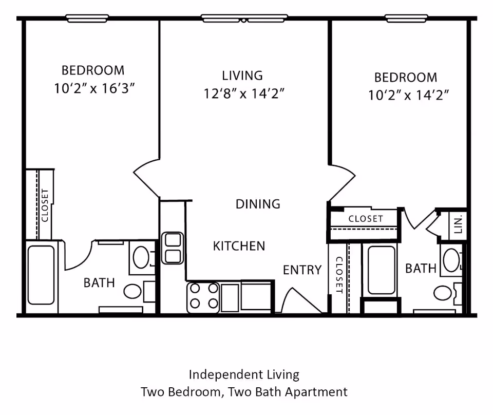 Floor plan of an independent living two-bedroom, two-bath apartment at Canton Regency, showing two bedrooms, two bathrooms, a living room, dining area, kitchen, entry, closets, and linen storage.
