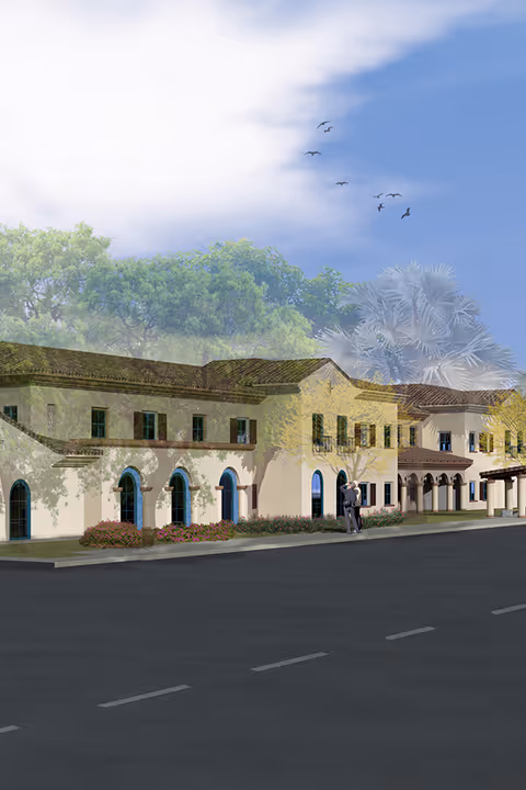 Rendered exterior view of a two-story Mediterranean-style building with arched windows, landscaping, and birds in the sky.