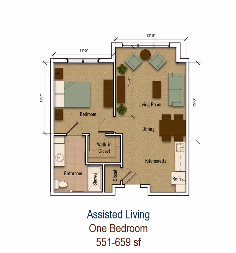 Floor plan of an assisted living one-bedroom apartment showing a bedroom, bathroom with shower, walk-in closet, living room, dining area, kitchenette with refrigerator, and additional closet space. Dimensions are provided for each room.
