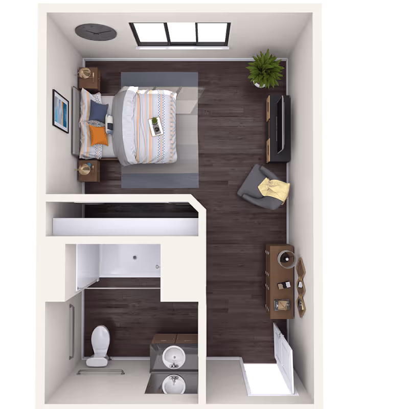 Top-down floor plan rendering of a studio apartment showing a bed, bedside tables, rug, TV and seating area, a dresser, and a bathroom with shower, toilet and sink.
