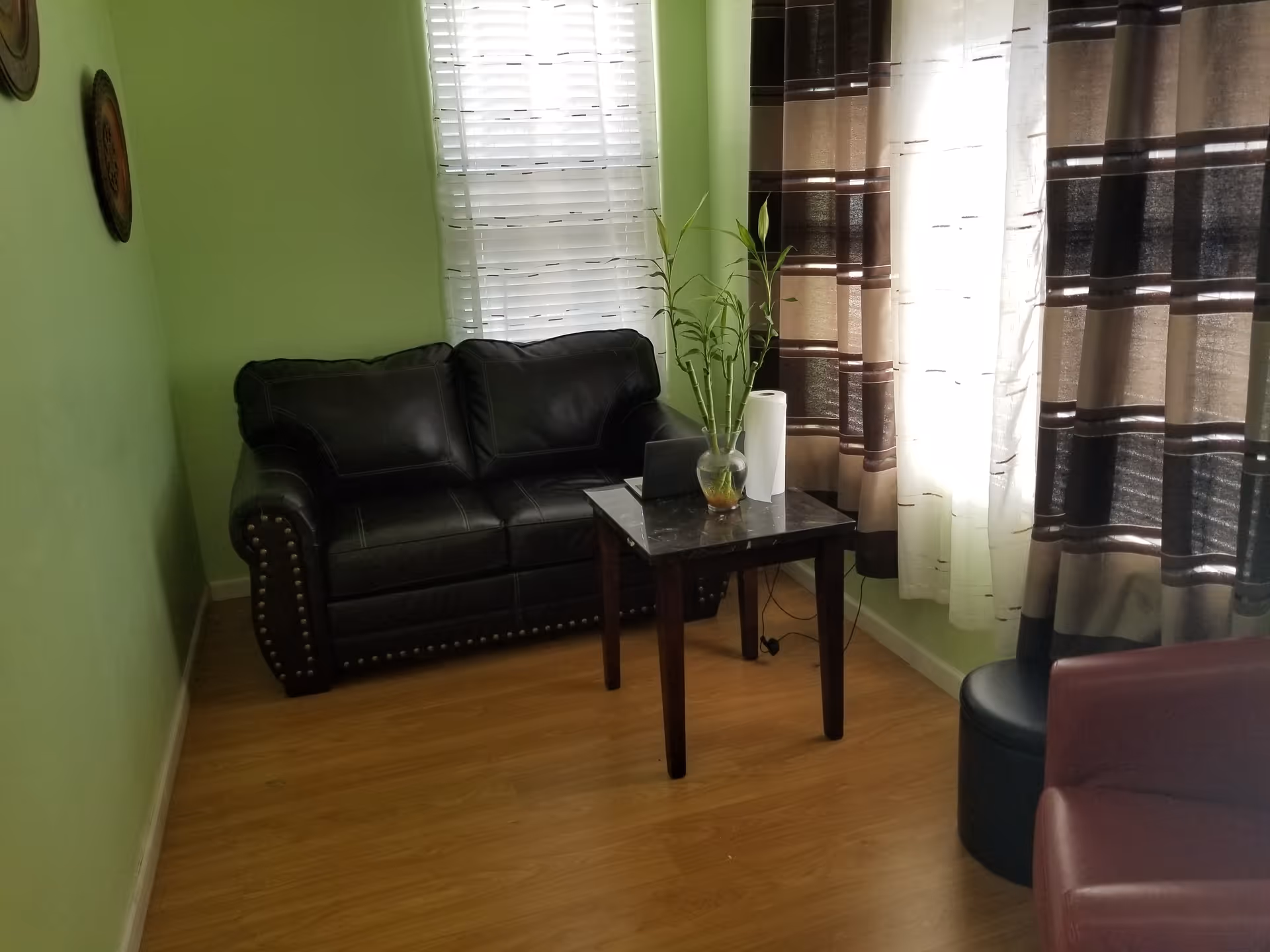 Small living room with a black leather loveseat, a side table holding a vase with bamboo and a paper towel roll, and windows with curtains.