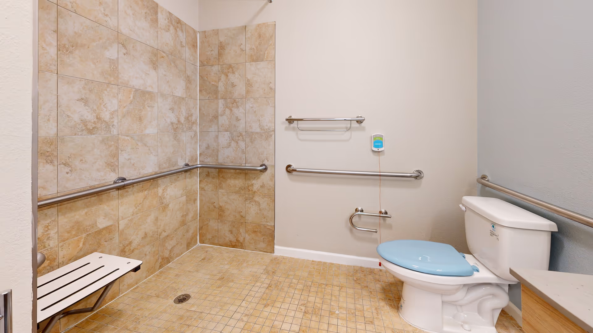 Accessible bathroom with beige tiled walk-in shower area featuring a fold-down white seat and stainless steel grab bars. Adjacent wall has additional grab bars, an emergency pull cord, and a toilet with a light blue seat cover.