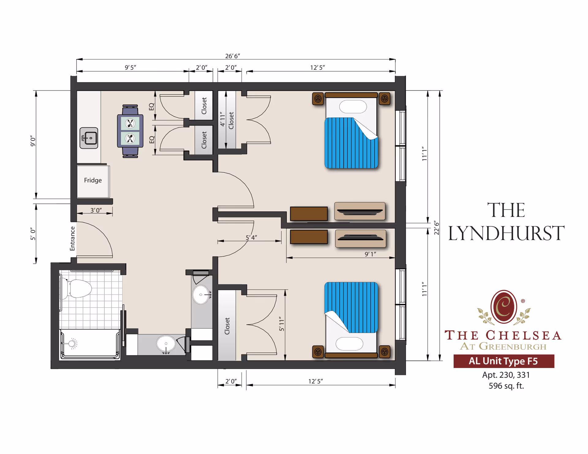 Floor plan of The Lyndhurst AL Unit Type F5 at The Chelsea at Greenburgh, showing a layout with two bedrooms, a kitchen area with a fridge and sink, a bathroom with a shower and toilet, closets, and a dining table. The total area is 596 square feet.