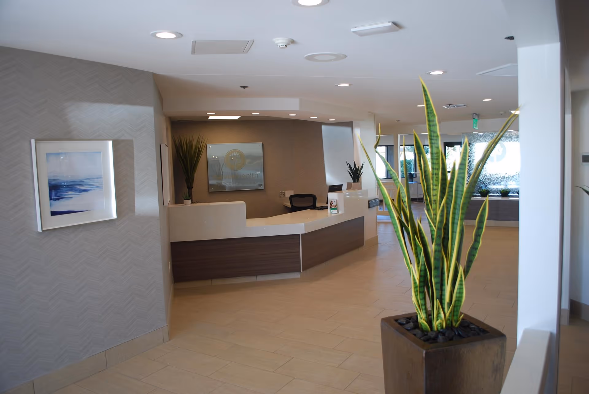 Bright reception lobby with a curved front desk, tall potted plants, artwork on the walls, and tile flooring.