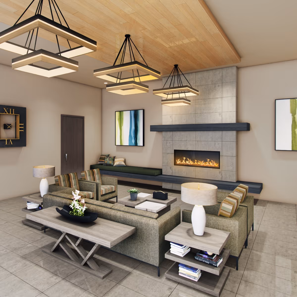 Modern living room with a tiled floor, a large gray sectional sofa with striped cushions, two matching armchairs, a wooden coffee table with a flower arrangement, and side tables with lamps and books. The room features a contemporary fireplace with a tiled surround and a dark mantel, abstract artwork on the walls, and three square pendant lights hanging from a wooden ceiling.