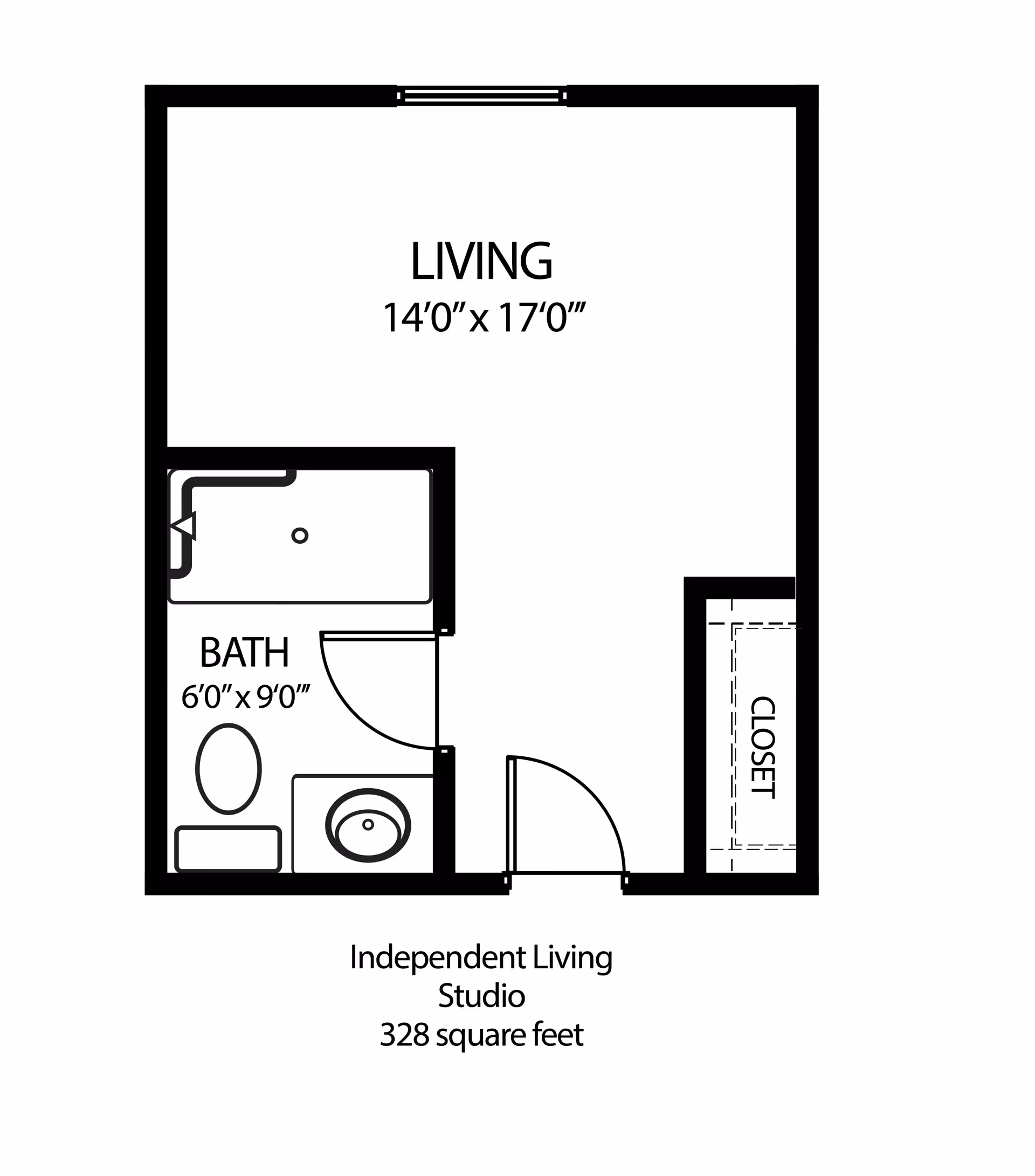 Floor plan of an independent living studio apartment showing a living area measuring 14 feet by 17 feet, a bathroom measuring 6 feet by 9 feet with a bathtub, toilet, and sink, and a closet near the entrance. The total area is 328 square feet.