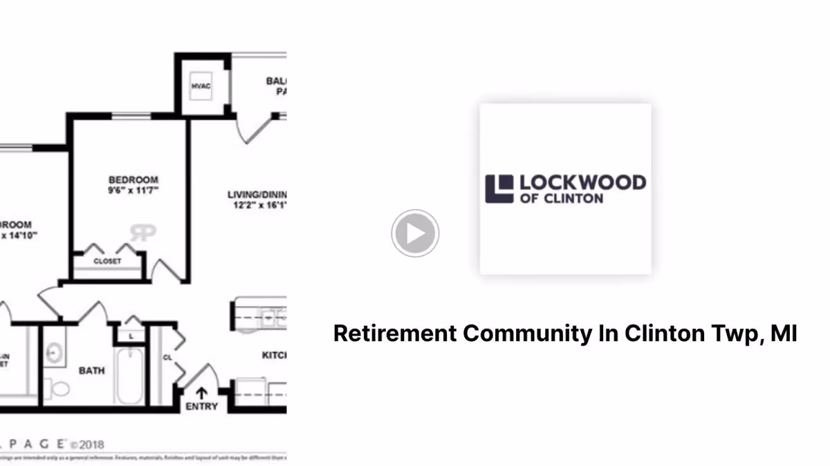 Floor plan layout of a retirement community unit showing two bedrooms, a bathroom, living/dining area, kitchen, entry, closet, and balcony/patio.