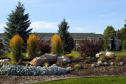Landscaped garden area with ornamental grasses, rocks, and various shrubs in front of a residential building under a clear blue sky.