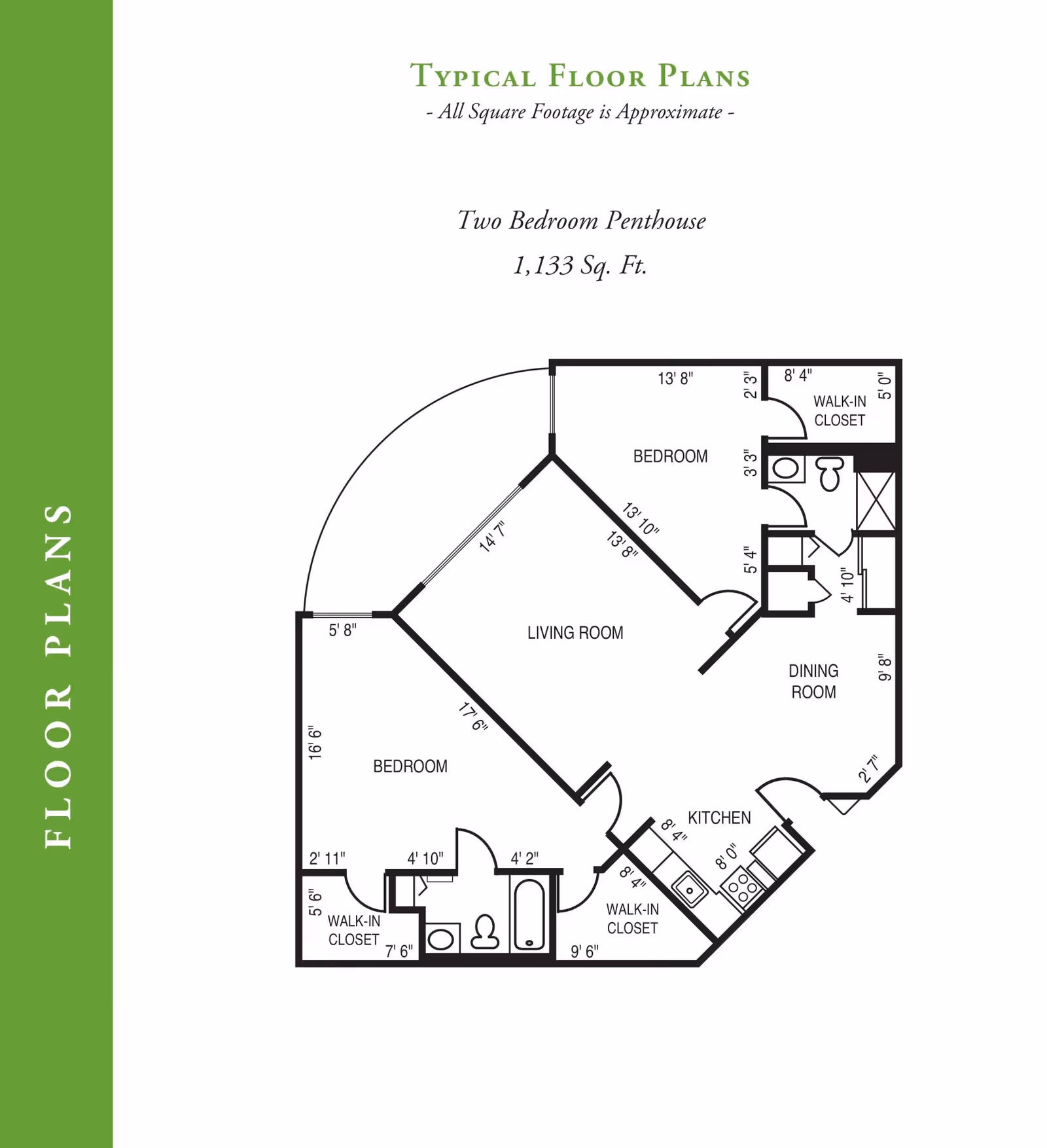 Floor plan of a two-bedroom penthouse apartment with a total area of 1,133 square feet. The layout includes two bedrooms, each with a walk-in closet, a living room, a dining room, a kitchen, and two bathrooms. Dimensions of each room and closet are marked.