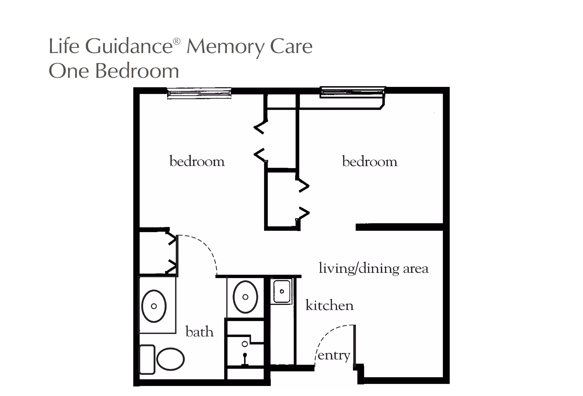Black-and-white floor plan labeled "Life Guidance® Memory Care One Bedroom" showing bedroom, bath, kitchen, and living/dining area.