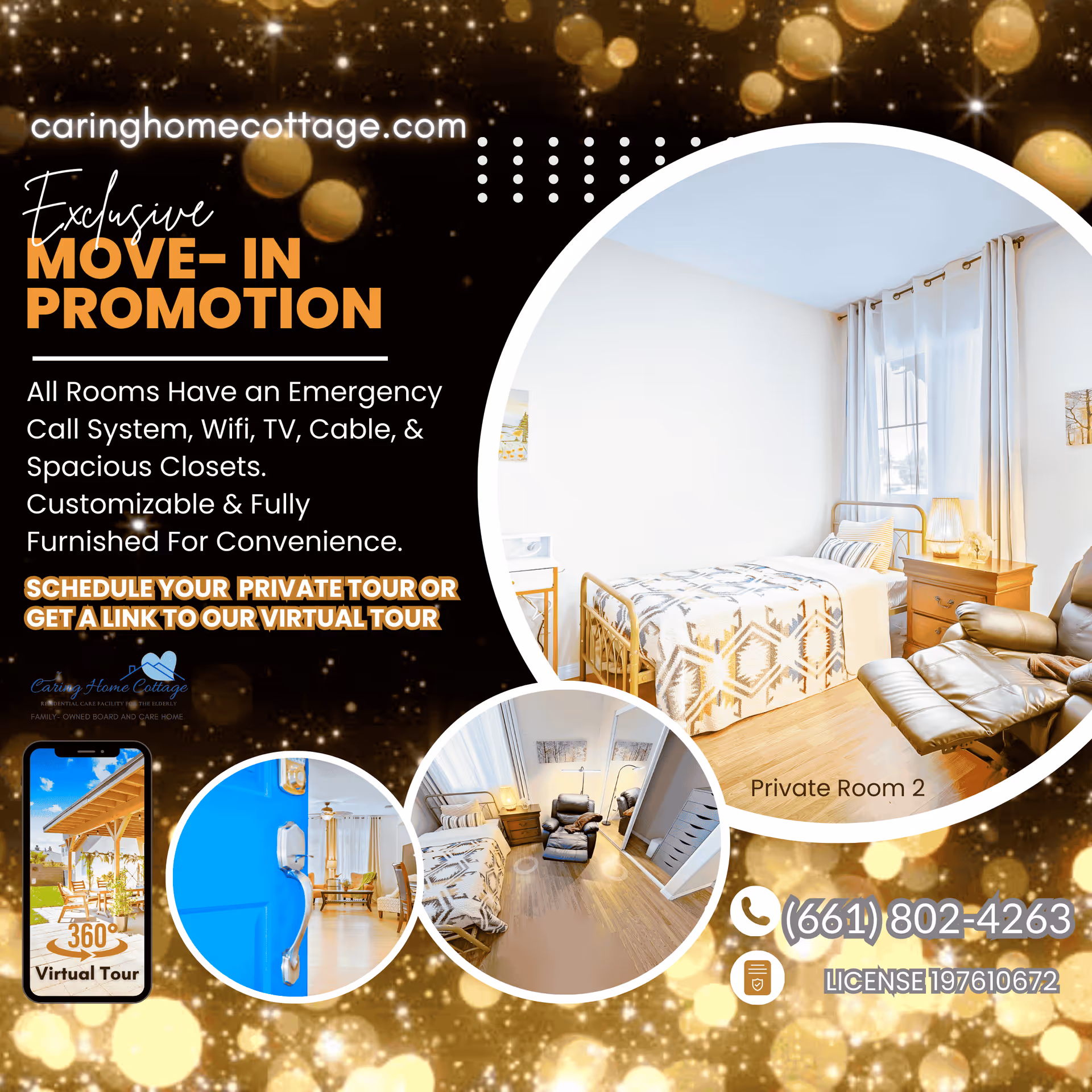 Promotional image for Caring Home Cottage featuring an exclusive move-in promotion. The image includes photos of a private bedroom with a bed, armchair, nightstand, and window with curtains. Additional smaller circular images show a blue door, a living area with chairs, and an outdoor patio. Text highlights amenities such as emergency call system, WiFi, TV, cable, and spacious closets. Contact phone number and license information are also displayed.