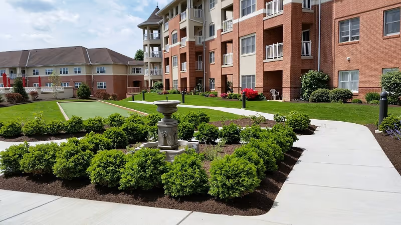 Outdoor view of a senior living facility with a well-maintained garden featuring a circular arrangement of green bushes around a decorative stone fountain. A concrete pathway curves around the garden, leading to a multi-story brick and beige building with balconies and windows. The sky is partly cloudy.