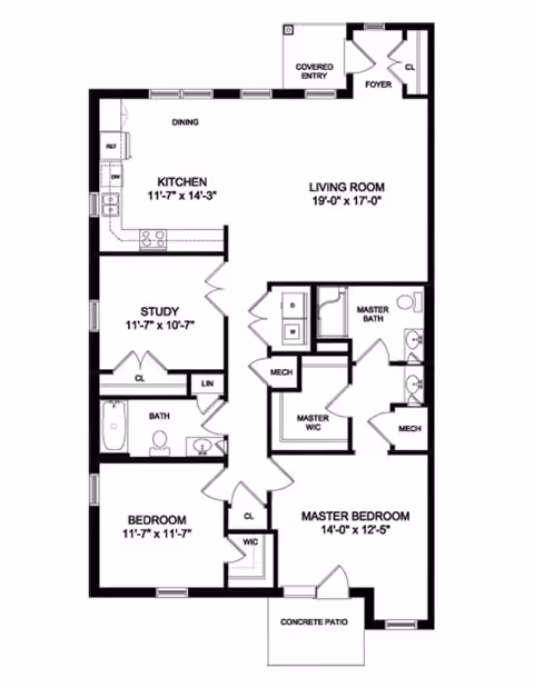 Architectural floor plan of a senior living unit at Holland Village Senior Living, showing a covered entry, foyer, living room, kitchen with dining area, study, one bedroom, master bedroom with master bath and walk-in closet, additional bathroom, mechanical rooms, and a concrete patio.