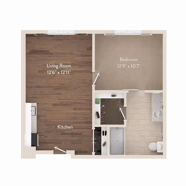 Top-down floor plan of a one-bedroom apartment showing a living room, kitchen, bedroom, bathroom, and closet with room dimensions labeled.