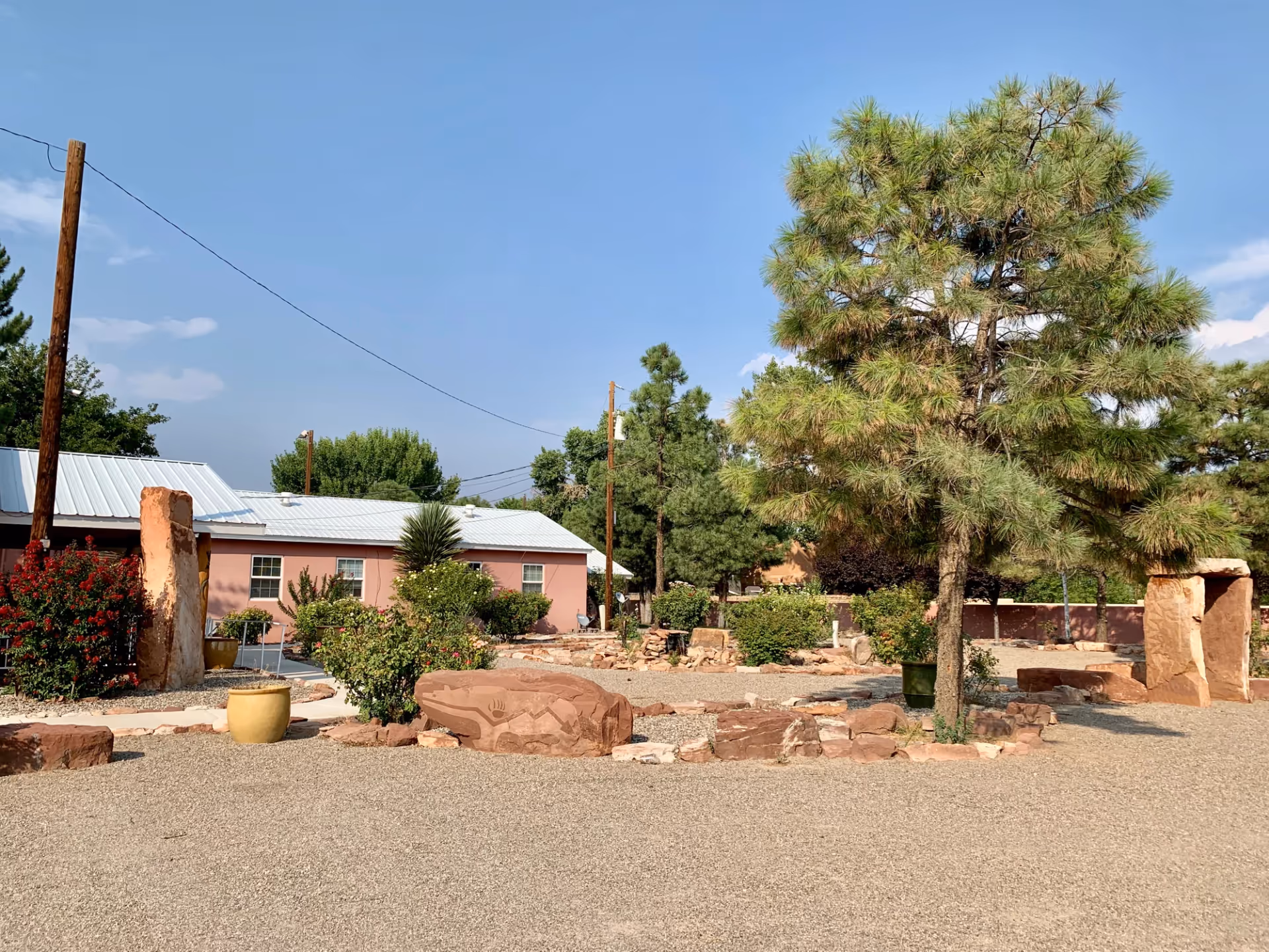 Gravel courtyard with desert landscaping, large pine tree and decorative rocks in front of a single-story pink building.