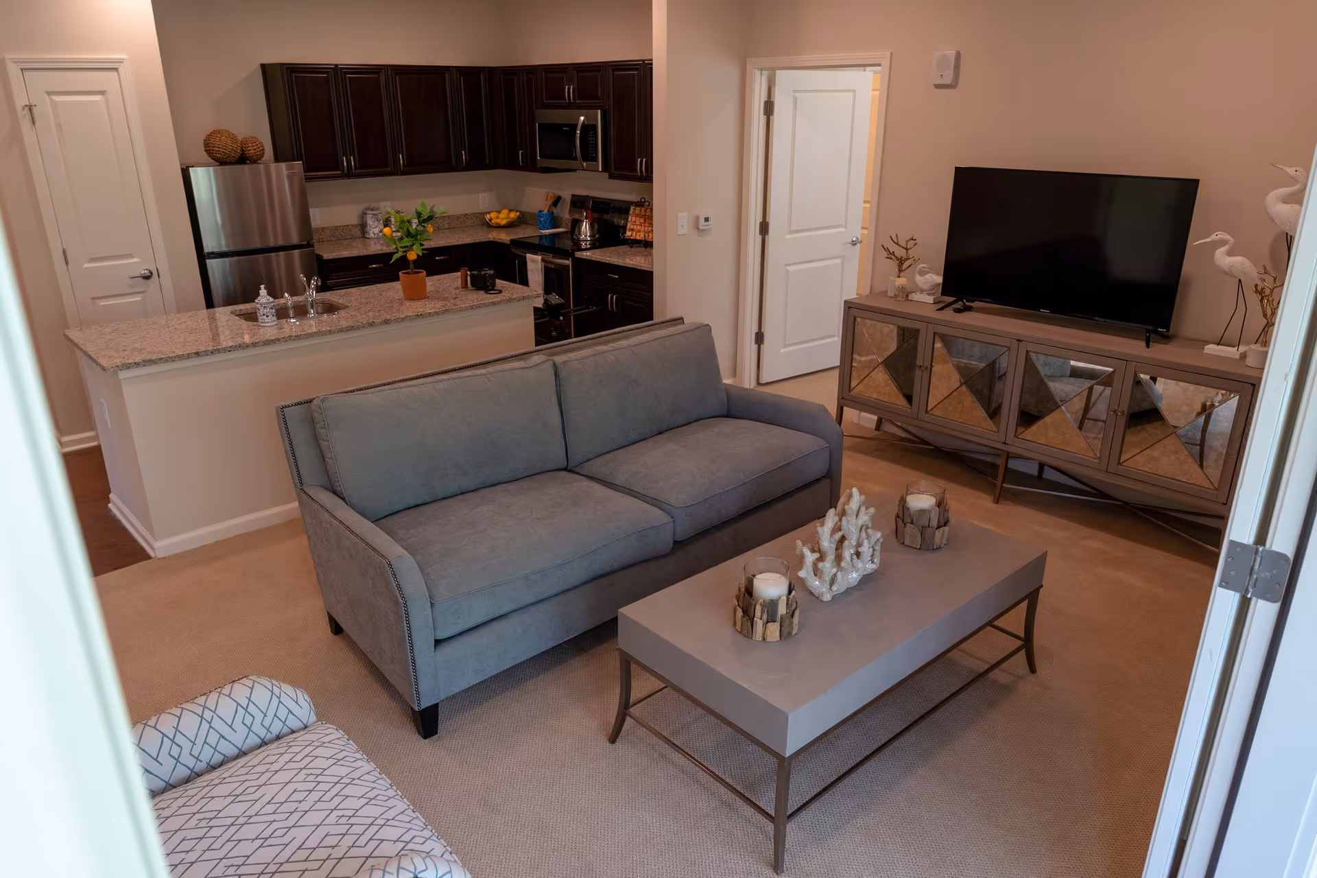 A modern living room and kitchen area in a senior living facility. The living room features a gray sofa, a patterned armchair, a rectangular coffee table with decorative items, and a TV on a mirrored cabinet. The kitchen has dark wood cabinets, a granite countertop island with a sink, stainless steel refrigerator, microwave, and stove. The walls are painted beige and the floor is carpeted in the living area and hardwood in the kitchen.