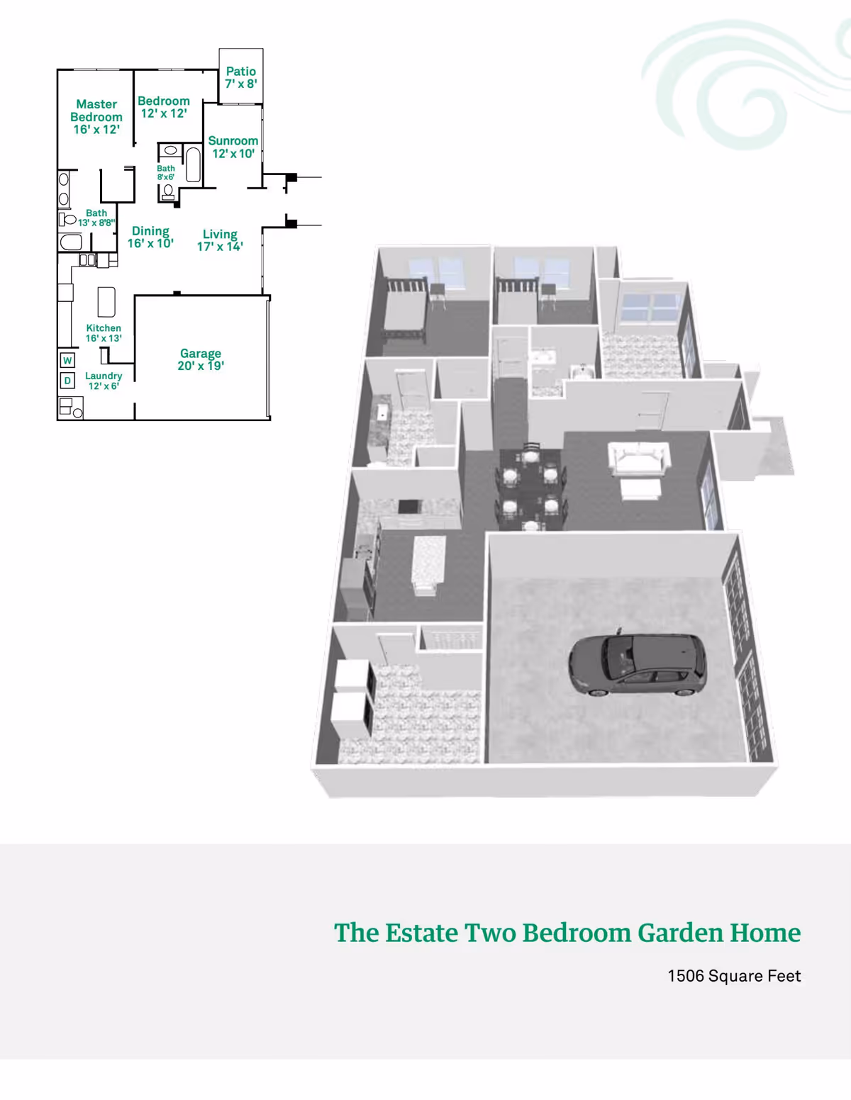 Floor plan and 3D layout of The Estate Two Bedroom Garden Home at Meadow Lakes Assisted Living and Garden Homes, showing a master bedroom, second bedroom, two bathrooms, dining area, living room, kitchen, laundry room, sunroom, patio, and a garage with a car inside.