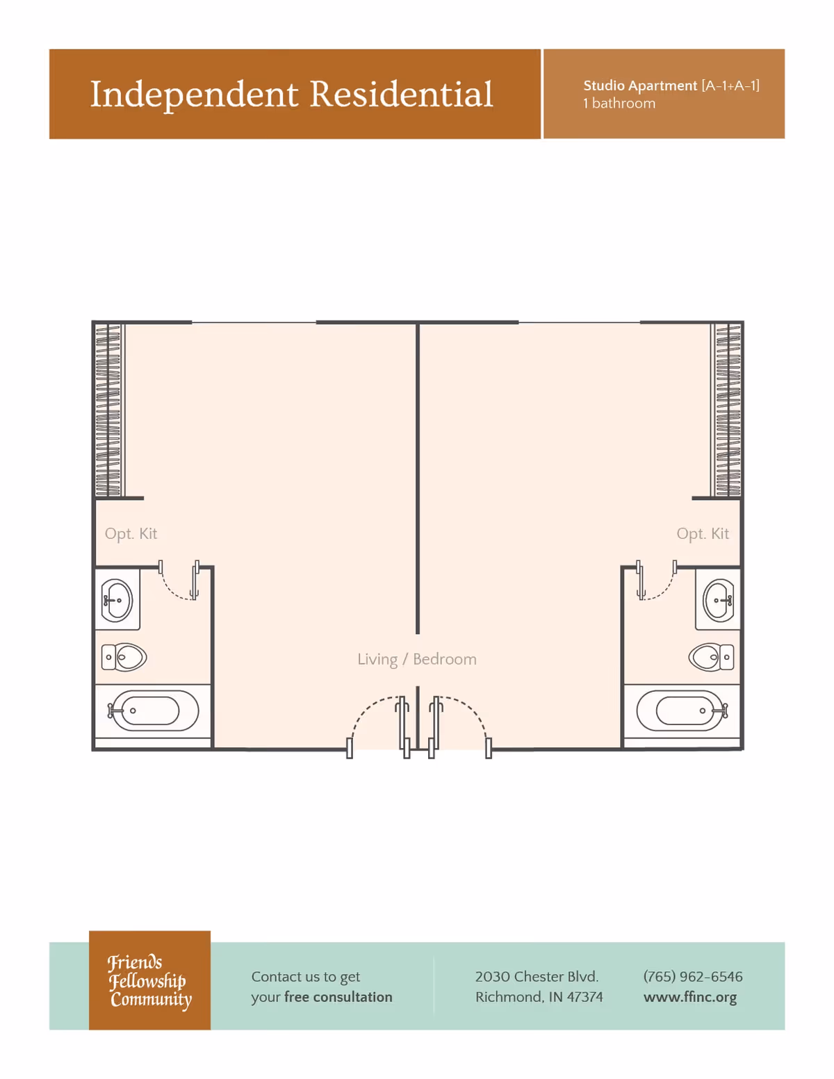 Floor plan of an independent residential studio apartment with one bathroom. The layout shows two mirrored studio units, each with a living/bedroom area, an optional kitchen, and a bathroom with a sink, toilet, and bathtub. The plan includes entry doors and closet spaces.