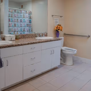Accessible bathroom with double sinks and granite countertop, toilet with grab bar, and a colorful shower curtain.