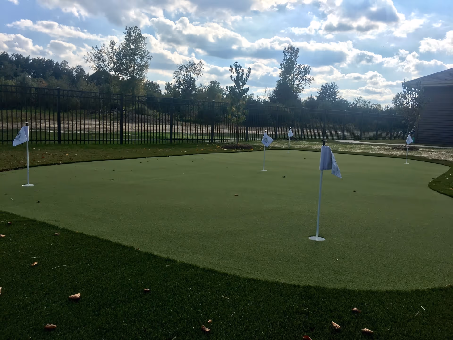 Outdoor putting green with several small flags, a fence, and trees under a cloudy sky.