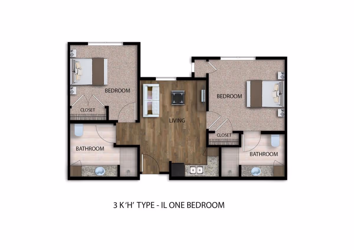 Floor plan of a senior living unit labeled '3 K'H' TYPE - IL ONE BEDROOM' showing two bedrooms each with a closet, two bathrooms, and a central living area with seating and a small kitchen area.