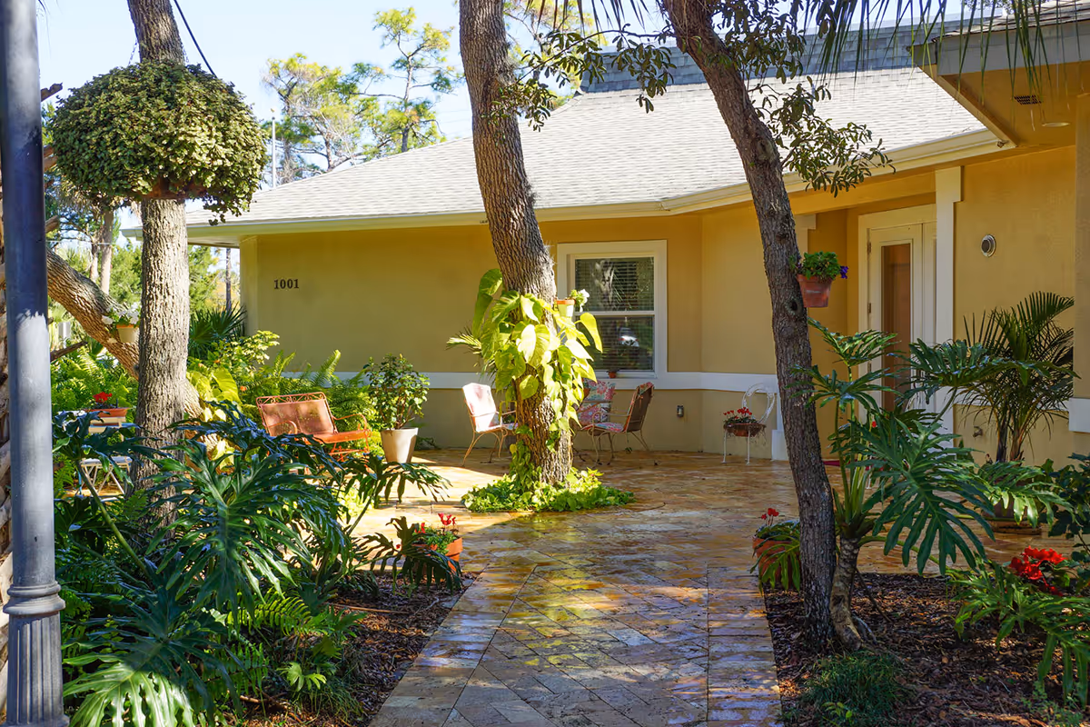 Sunlit courtyard with a paver walkway, tropical plants and seating in front of a single-story building entrance.