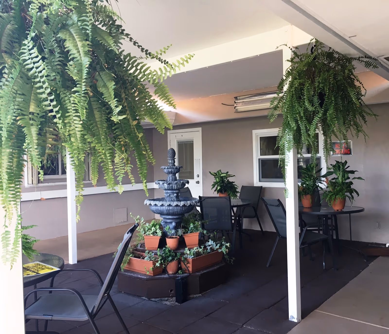 Covered outdoor patio area with hanging ferns, a tiered water fountain surrounded by potted plants, and several tables with chairs. The area has a beige wall with windows and a door, and a 'No Smoking' sign is visible on the wall.