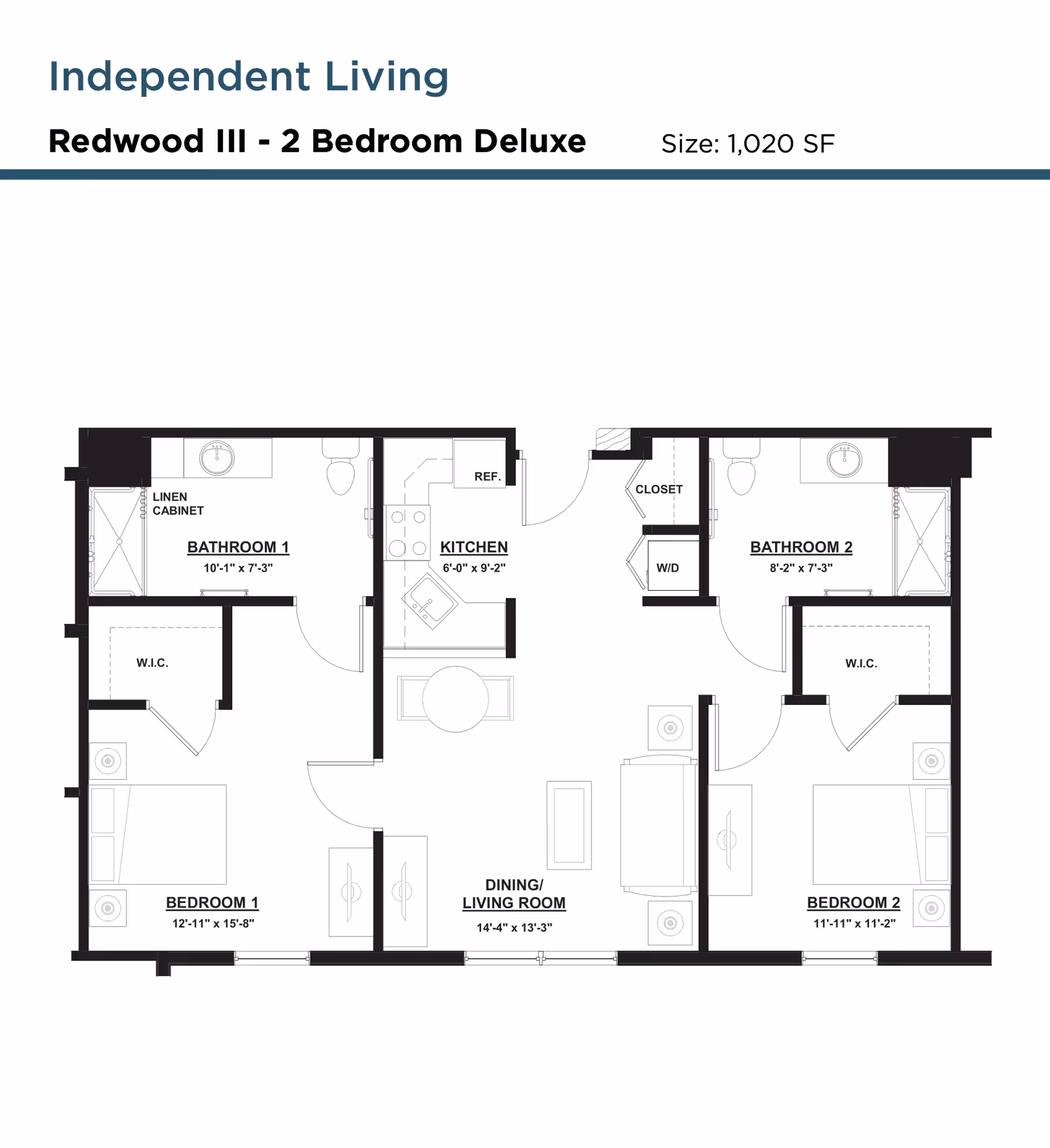 Floor plan for Independent Living Redwood III - 2 Bedroom Deluxe unit at Monarch Spring Meadows, showing layout with two bedrooms, two bathrooms, kitchen, dining/living room, closets, and washer/dryer area. Dimensions for each room are included.