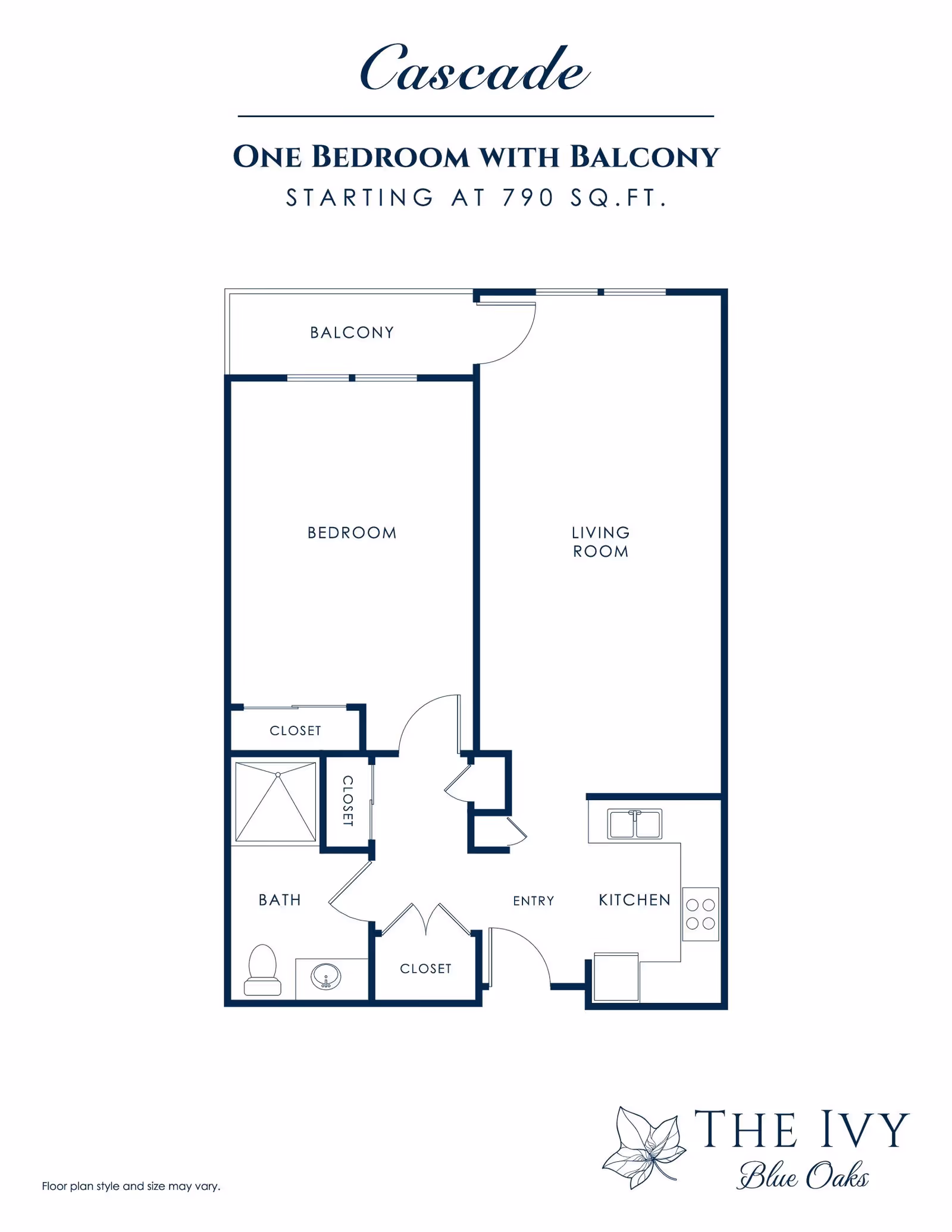 Floor plan for a one-bedroom apartment with a balcony at The Ivy At Blue Oaks. The layout includes a bedroom with two closets, a bathroom, an entry area with a closet, a kitchen, a living room, and a balcony accessible from the living room.