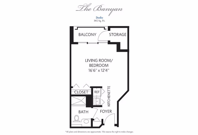 Floor plan titled The Banyan, a studio apartment of 385 square feet featuring a living room/bedroom area measuring 16 feet 6 inches by 12 feet 4 inches, a balcony with adjacent storage, a kitchenette with refrigerator, a closet, a bathroom, and a foyer.