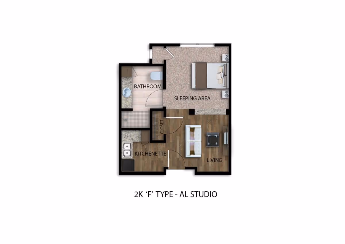 Floor plan of a 2K 'F' type assisted living studio apartment showing a kitchenette, living area, sleeping area with a bed, bathroom, and closet.
