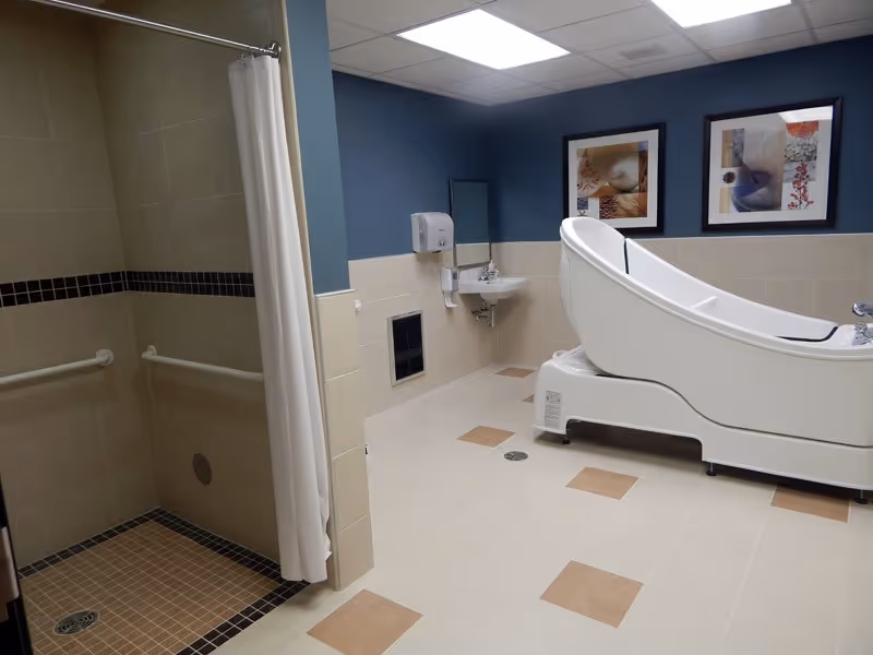 Accessible bathing room with a reclining therapeutic tub, open tiled shower with grab bars, a wall-mounted sink, and framed artwork.