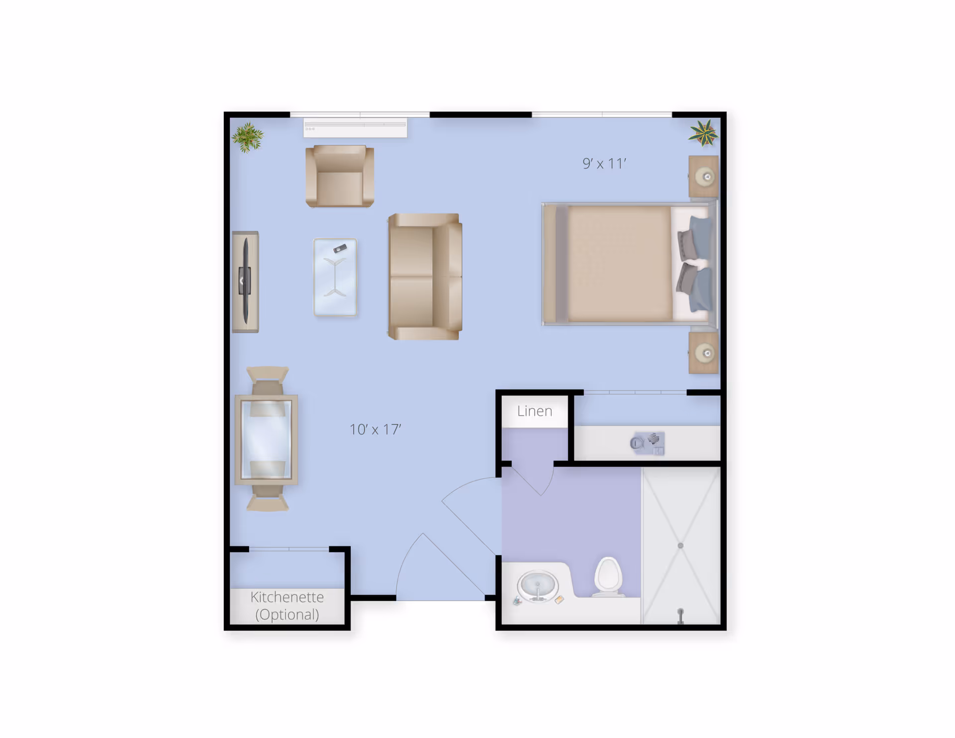 Floor plan of a senior living unit showing a combined living and bedroom area with a bed, sofa, armchair, coffee table, TV, and dining table with chairs. There is a bathroom with a sink, toilet, and shower, a linen closet, and an optional kitchenette area.