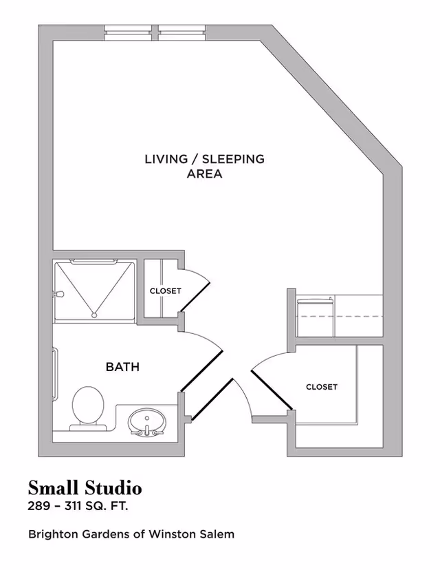 Floor plan of a small studio apartment at Brighton Gardens of Winston Salem, showing a living/sleeping area, a bathroom with a shower, toilet, and sink, and two closets.