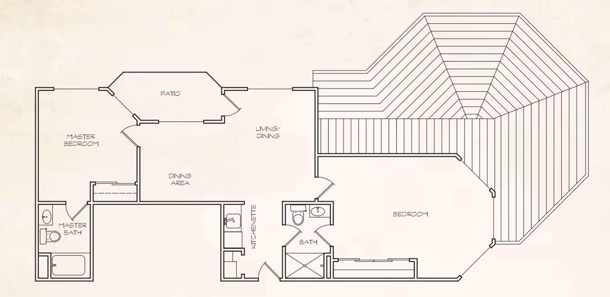 Architectural floor plan of a residential unit at Quail Lodge Retirement Community showing a master bedroom with attached master bath, a second bedroom, a living/dining area, a dining area, a kitchenette, a bathroom, and a patio.