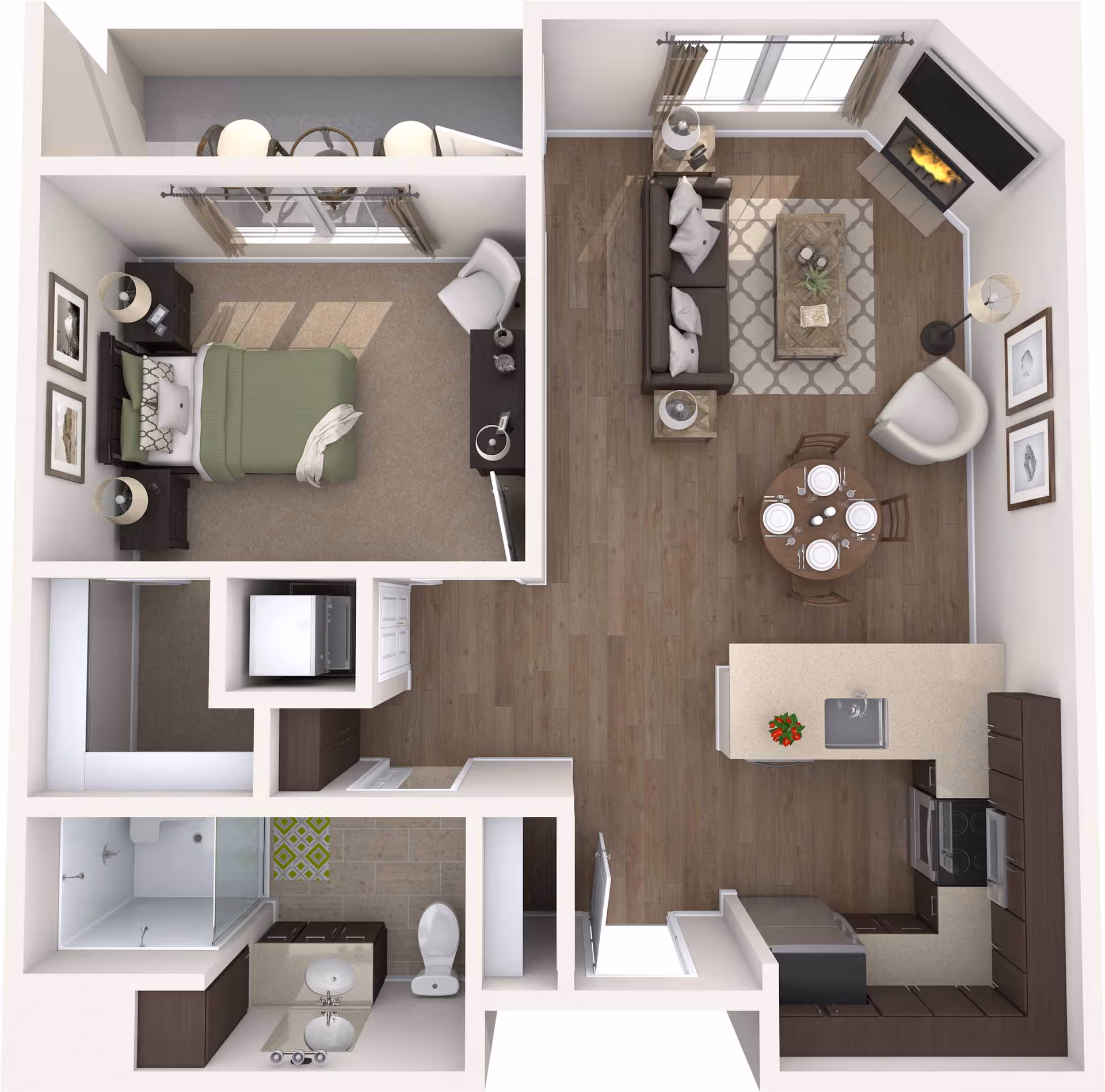 Top-down view of a one-bedroom apartment floor plan featuring a bedroom with a bed, nightstands, and a chair; a bathroom with a shower, toilet, and sink; a kitchen with appliances and countertops; and a living room with a sofa, armchair, coffee table, dining table set for four, and a fireplace with a TV above it.