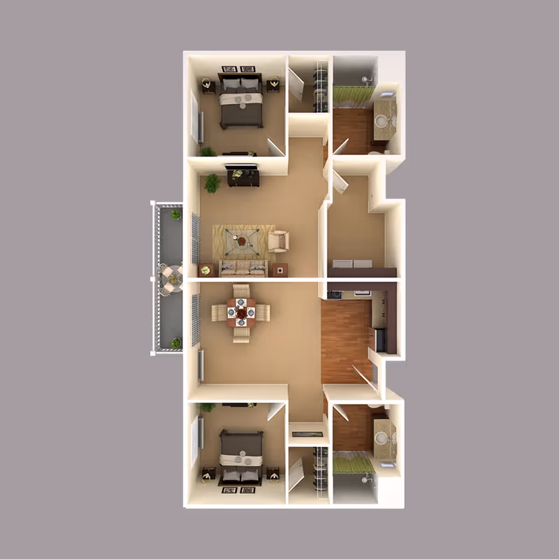 3D floor plan of a senior living apartment featuring two bedrooms, two bathrooms, a kitchen, a dining area, a living room, and a balcony with outdoor seating.