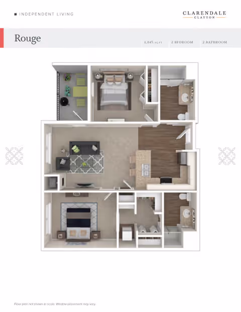 Floor plan of a two-bedroom, two-bathroom independent living apartment named Rouge at Clarendale Clayton, showing a living room with sofa and TV, kitchen with island and appliances, two bedrooms with beds and nightstands, two bathrooms, closets, and a balcony with outdoor seating.