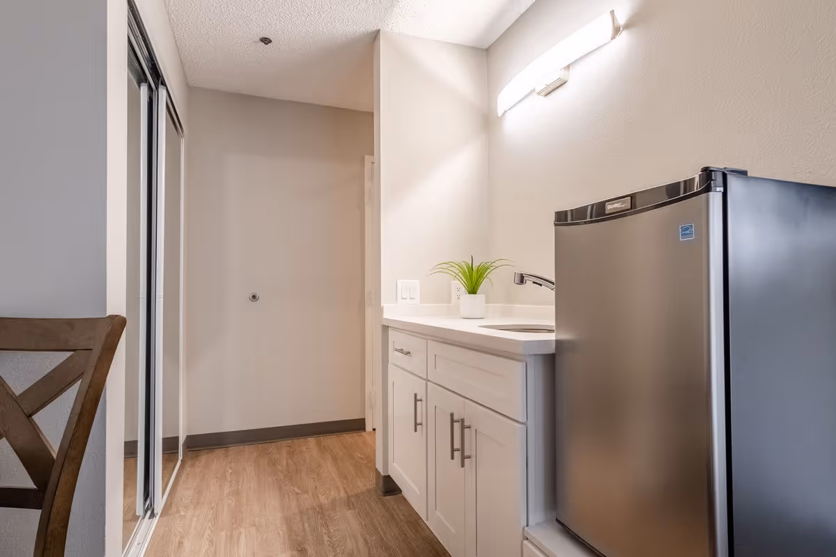 A small kitchenette area with white cabinets, a stainless steel mini refrigerator, a sink, and a small potted plant on the countertop. The floor is wood, and there is a mirrored sliding door closet on the left side.