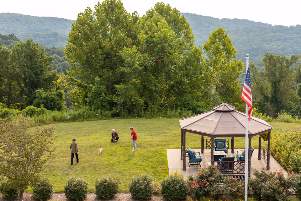 A grassy outdoor area with three people and a small dog playing near a gazebo. The gazebo has cushioned chairs and a table inside. An American flag is on a pole near the gazebo. The background features dense green trees and hills.