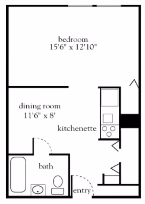 Floor plan of a senior living unit at Peregrine Senior Living at Crossgate showing a bedroom measuring 15 feet 6 inches by 12 feet 10 inches, a dining room measuring 11 feet 6 inches by 8 feet, a kitchenette, a bathroom with a bathtub, toilet, and sink, and an entry area.