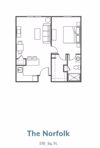 Floor plan of The Norfolk apartment layout showing a one-bedroom unit with a living room, kitchen, dining area, bathroom, and closet space, covering 530 square feet.
