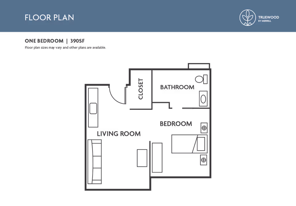 Black-and-gray one-bedroom floor plan diagram labeled living room, bedroom, bathroom, and closet.