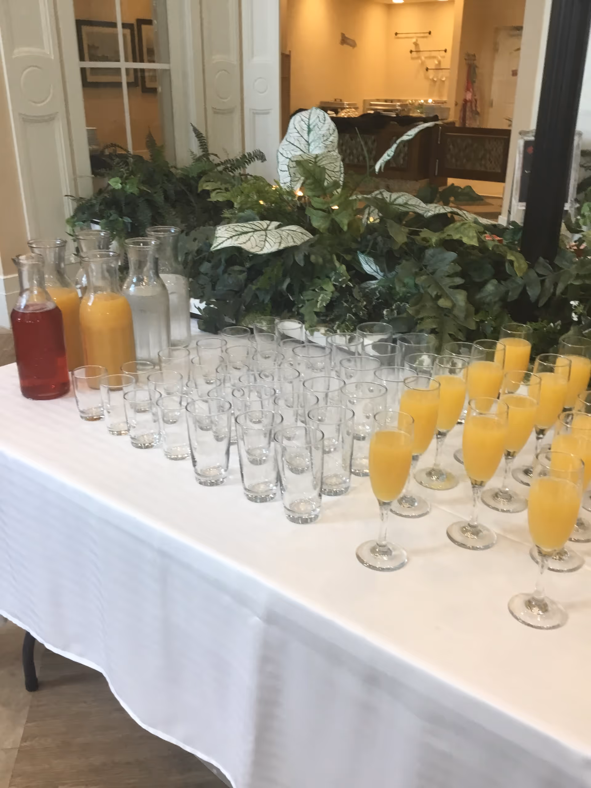 A table covered with a white tablecloth displaying multiple empty glasses and glasses filled with orange juice, along with carafes containing red, orange, and clear liquids. Behind the table, there is a large arrangement of green and white leafy plants, and a room with warm lighting is visible in the background.