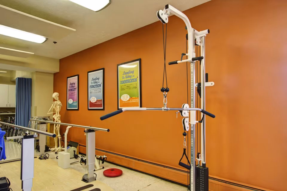 A physical therapy or rehabilitation room with exercise equipment including parallel bars and a pulley system. A skeleton model stands near the wall, which is decorated with three framed posters about mobility, function, and communication. The room has an orange wall and a light-colored floor.