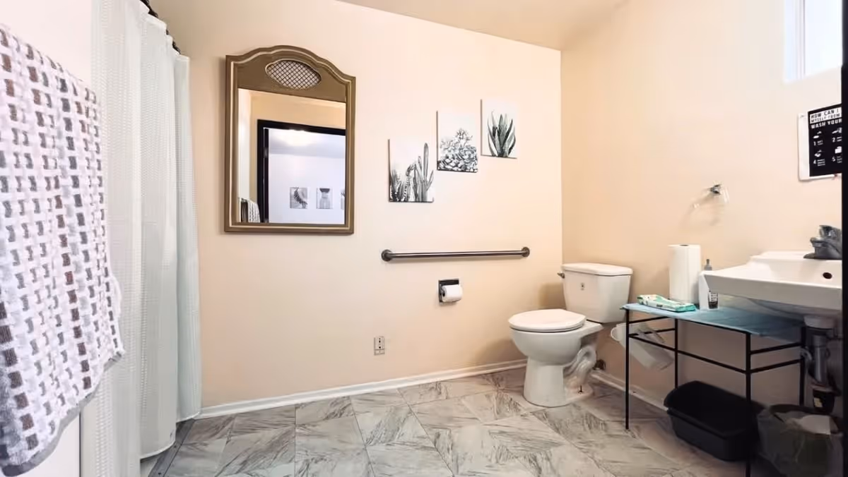 A clean bathroom with a white toilet, a sink with a black metal stand holding paper towels and wipes, a wall-mounted mirror, a towel hanging on the left, and three small framed botanical prints on the wall above a grab bar and toilet paper holder.