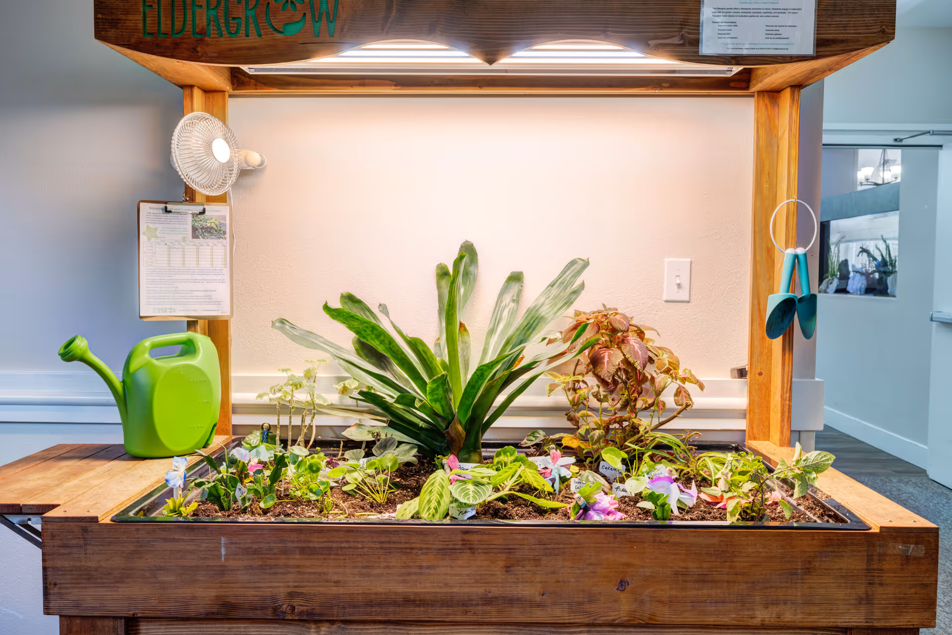 Indoor gardening station with various plants growing in soil under a wooden frame with a light. A green watering can is placed on the left side, and gardening tools hang on the right side. A small fan and a clipboard with papers are attached to the wooden frame.